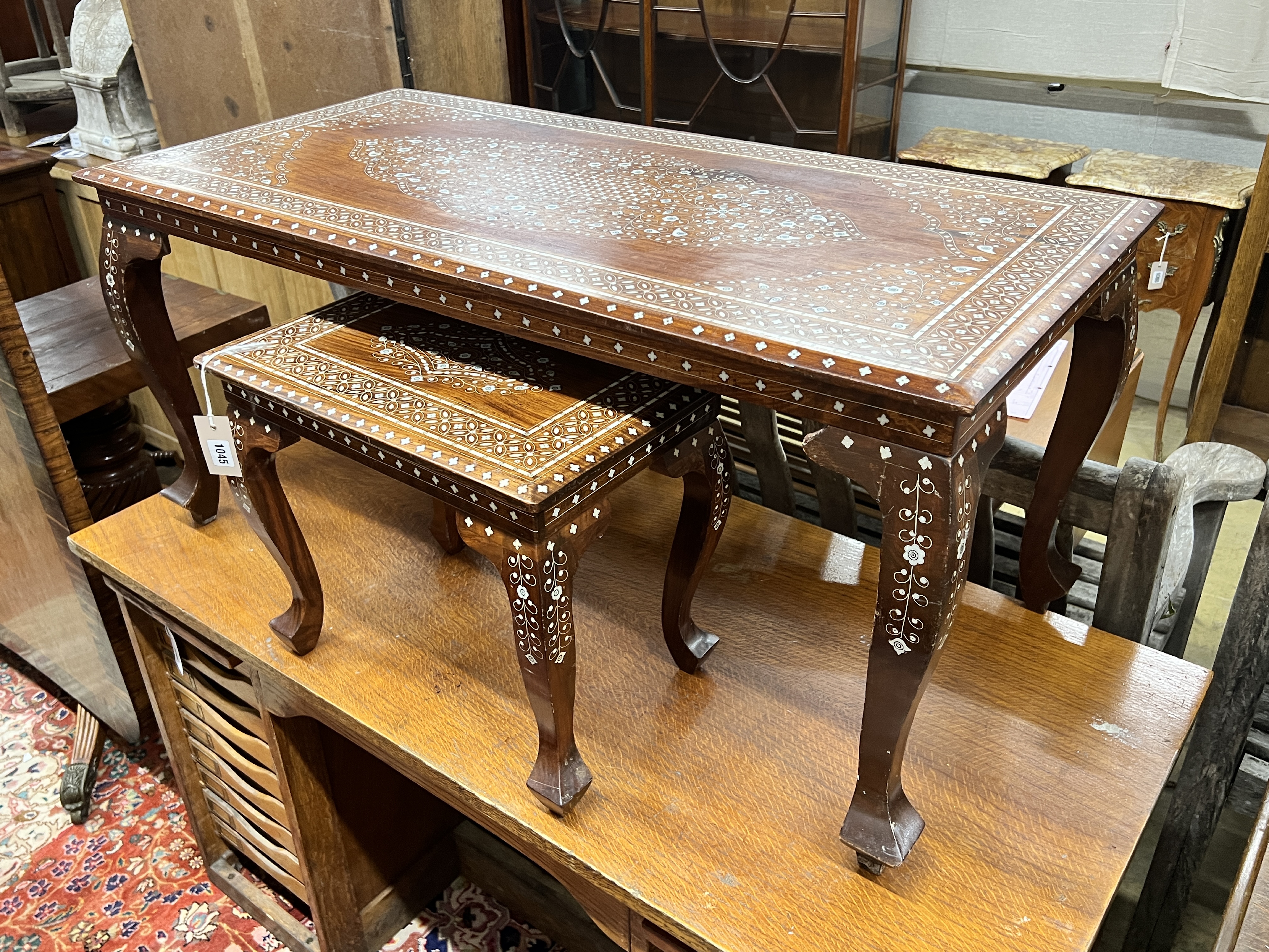 Two Damascan bone inlaid rectangular hardwood occasional tables, larger width 105cm, depth 51cm, height 49cm